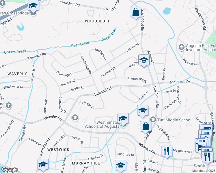 map of restaurants, bars, coffee shops, grocery stores, and more near 442 Aumond Road in Augusta
