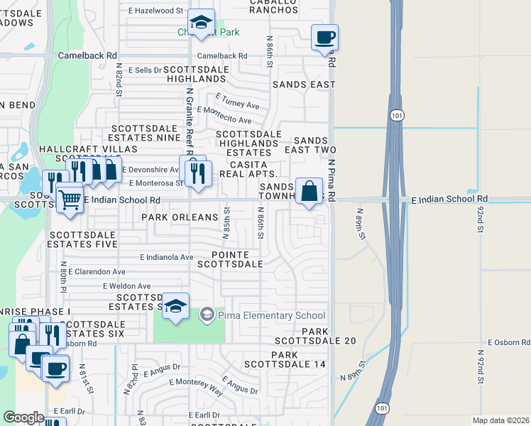 map of restaurants, bars, coffee shops, grocery stores, and more near 3920 North 87th Street in Scottsdale