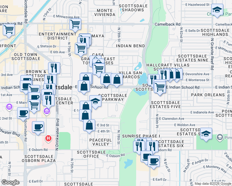 map of restaurants, bars, coffee shops, grocery stores, and more near 4016 North 78th Street in Scottsdale