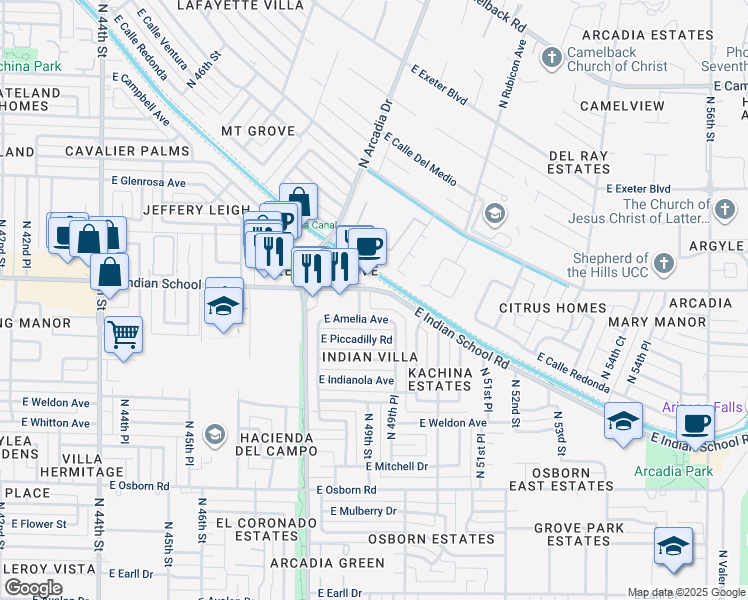 map of restaurants, bars, coffee shops, grocery stores, and more near 4917 East Amelia Avenue in Phoenix