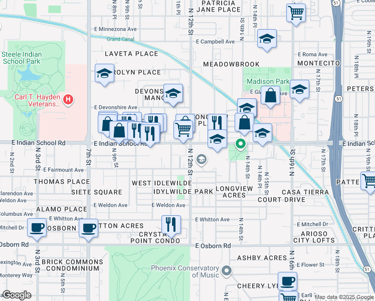 map of restaurants, bars, coffee shops, grocery stores, and more near 1209 East Indian School Road in Phoenix