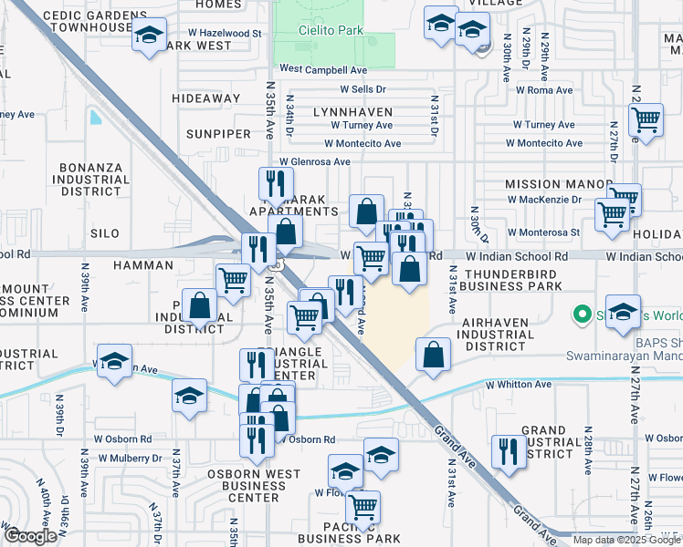 map of restaurants, bars, coffee shops, grocery stores, and more near 3400 Grand Avenue in Phoenix