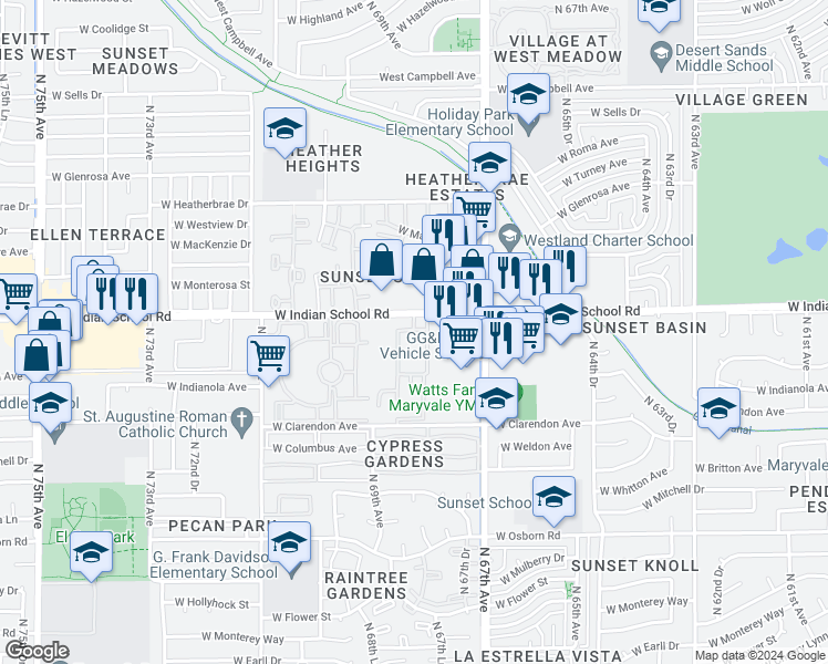 map of restaurants, bars, coffee shops, grocery stores, and more near 6751 West Indian School Road in Phoenix
