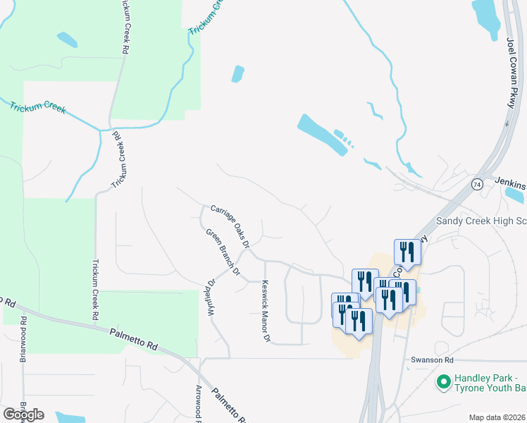 map of restaurants, bars, coffee shops, grocery stores, and more near 107 Wynfield Drive in Tyrone