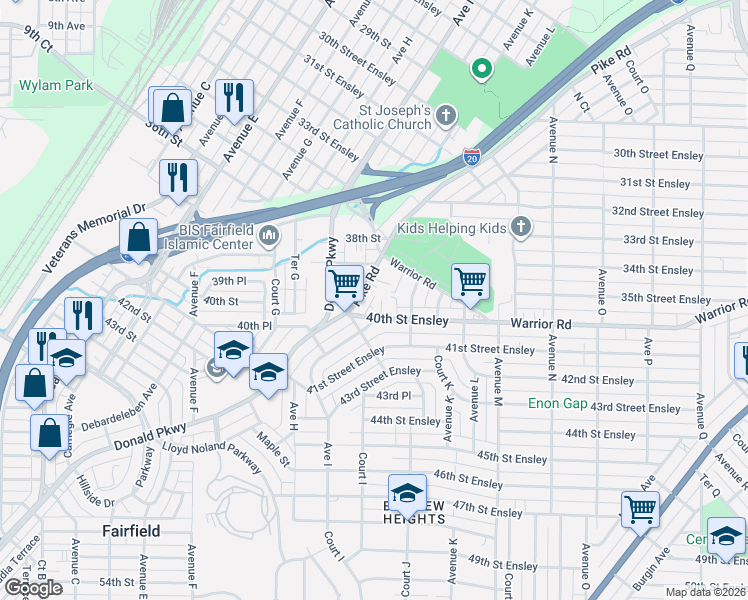 map of restaurants, bars, coffee shops, grocery stores, and more near 1033 40th Street Ensley in Birmingham