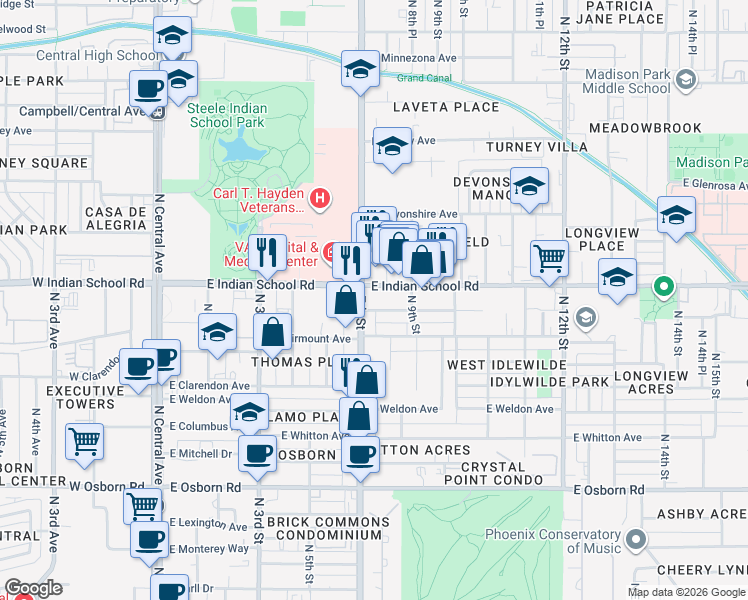 map of restaurants, bars, coffee shops, grocery stores, and more near 4011 North 7th Street in Phoenix