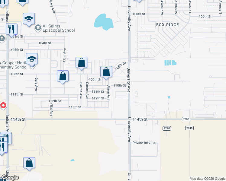 map of restaurants, bars, coffee shops, grocery stores, and more near 2518 111th Street in Lubbock