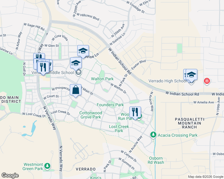 map of restaurants, bars, coffee shops, grocery stores, and more near 4072 North Park Street in Buckeye