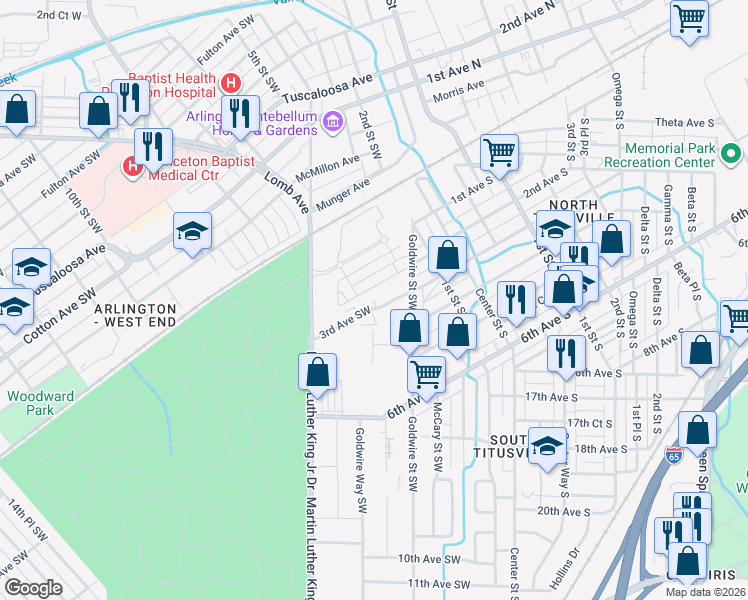map of restaurants, bars, coffee shops, grocery stores, and more near 321 Goldwire Circle Southwest in Birmingham