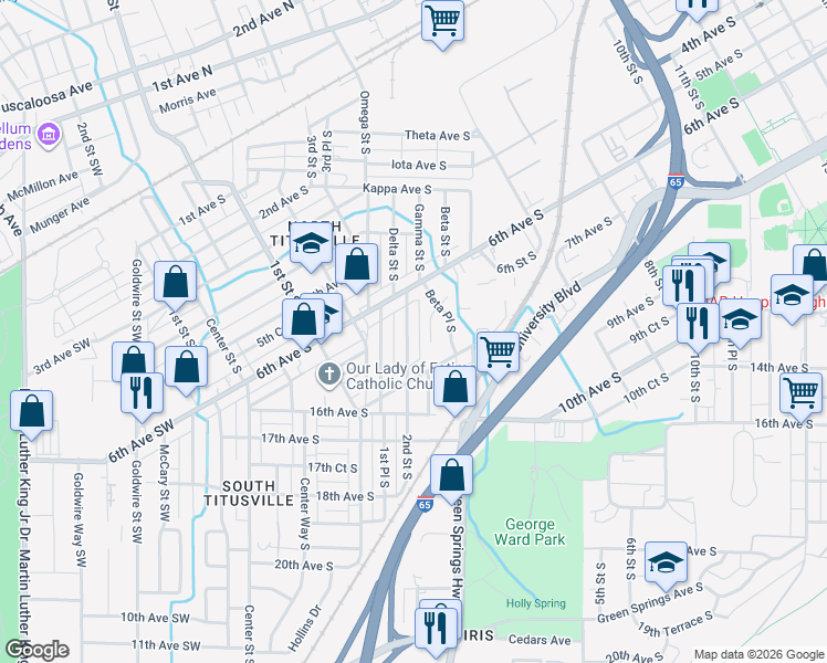 map of restaurants, bars, coffee shops, grocery stores, and more near 727 Delta Street South in Birmingham