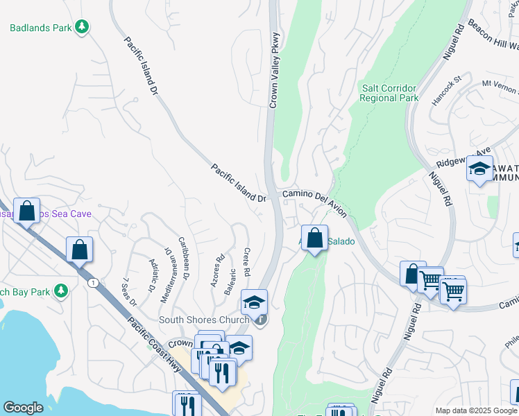 map of restaurants, bars, coffee shops, grocery stores, and more near 32322 Crete Road in Dana Point