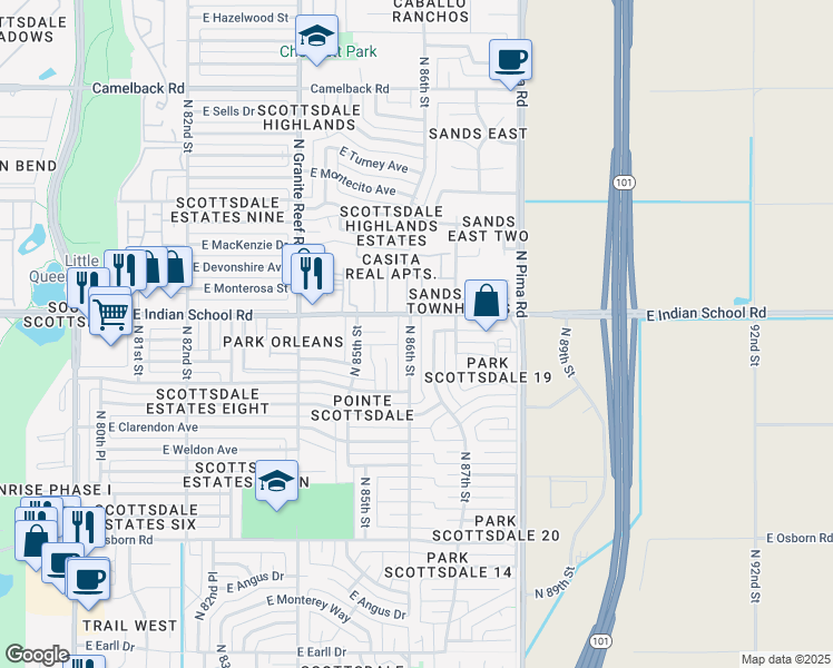map of restaurants, bars, coffee shops, grocery stores, and more near 3920 North 87th Street in Scottsdale