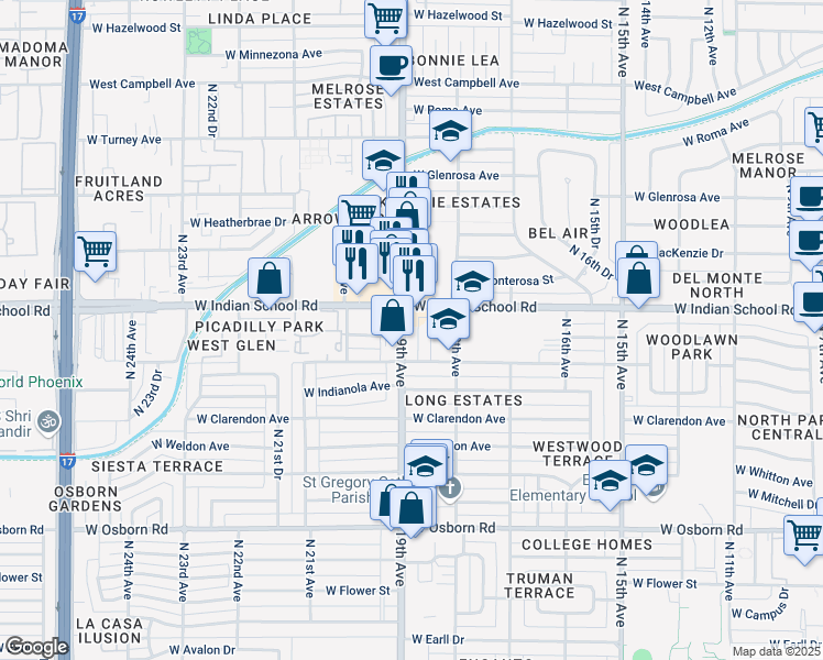map of restaurants, bars, coffee shops, grocery stores, and more near 4001 North 19th Avenue in Phoenix