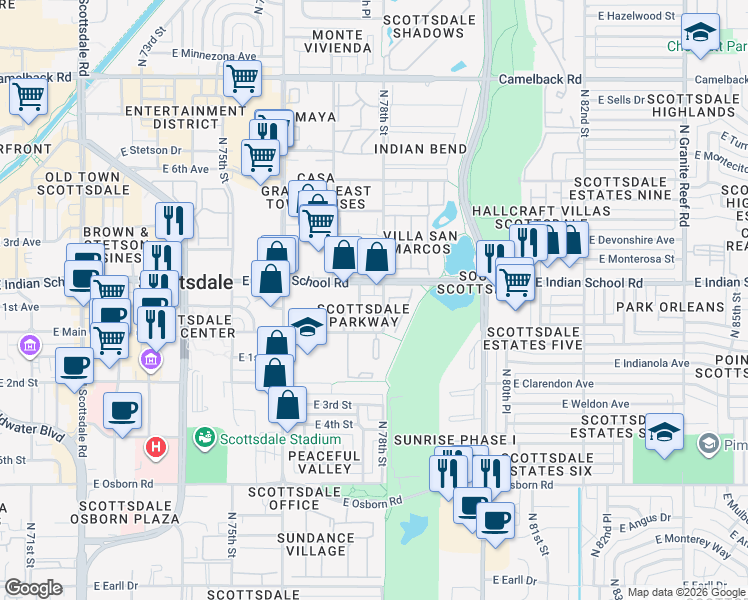map of restaurants, bars, coffee shops, grocery stores, and more near 4016 North 78th Street in Scottsdale