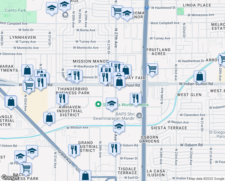 map of restaurants, bars, coffee shops, grocery stores, and more near 4010 North 27th Avenue in Phoenix