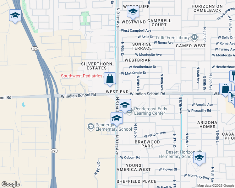 map of restaurants, bars, coffee shops, grocery stores, and more near W Indian School Rd & N 91st Ave in Phoenix