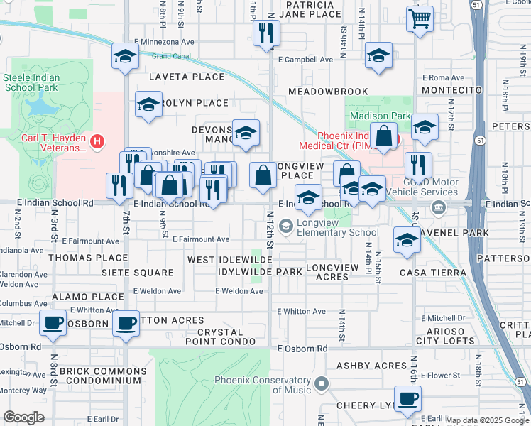 map of restaurants, bars, coffee shops, grocery stores, and more near 1202 East Indian School Road in Phoenix