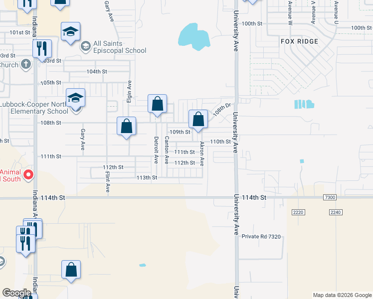map of restaurants, bars, coffee shops, grocery stores, and more near 2616 111th Street in Lubbock