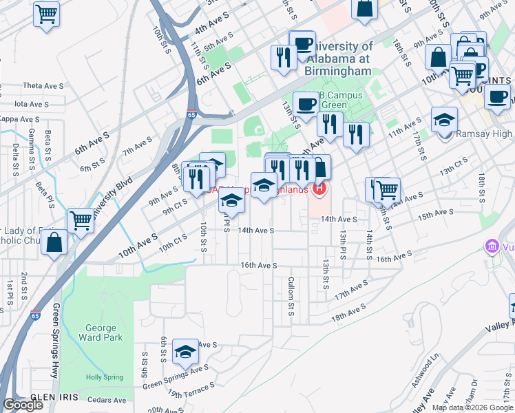 map of restaurants, bars, coffee shops, grocery stores, and more near 1115 11th Street South in Birmingham