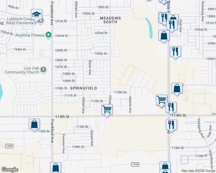 map of restaurants, bars, coffee shops, grocery stores, and more near 5502 109th Street in Lubbock