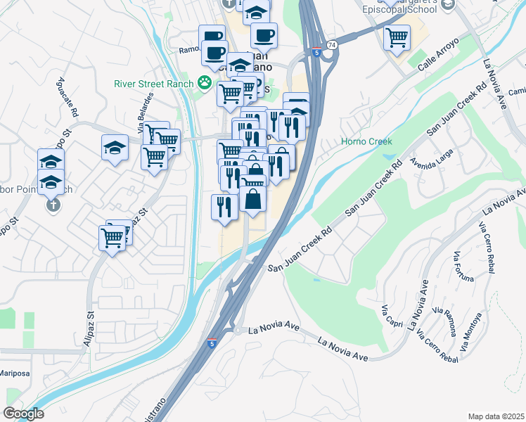 map of restaurants, bars, coffee shops, grocery stores, and more near 32251 Avenida Los Amigos in San Juan Capistrano