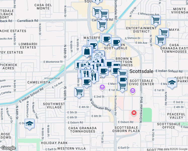 map of restaurants, bars, coffee shops, grocery stores, and more near 4142 North Marshall Way in Scottsdale