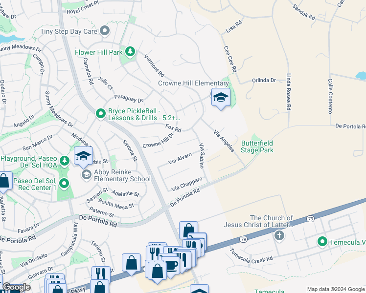 map of restaurants, bars, coffee shops, grocery stores, and more near 33310 Elizabeth Road in Temecula