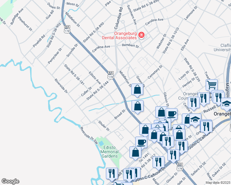 map of restaurants, bars, coffee shops, grocery stores, and more near 1705 Broughton Street in Orangeburg