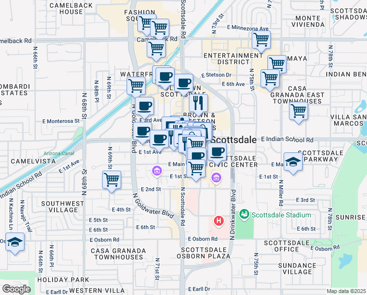 map of restaurants, bars, coffee shops, grocery stores, and more near 4900 North Scottsdale Road in Scottsdale