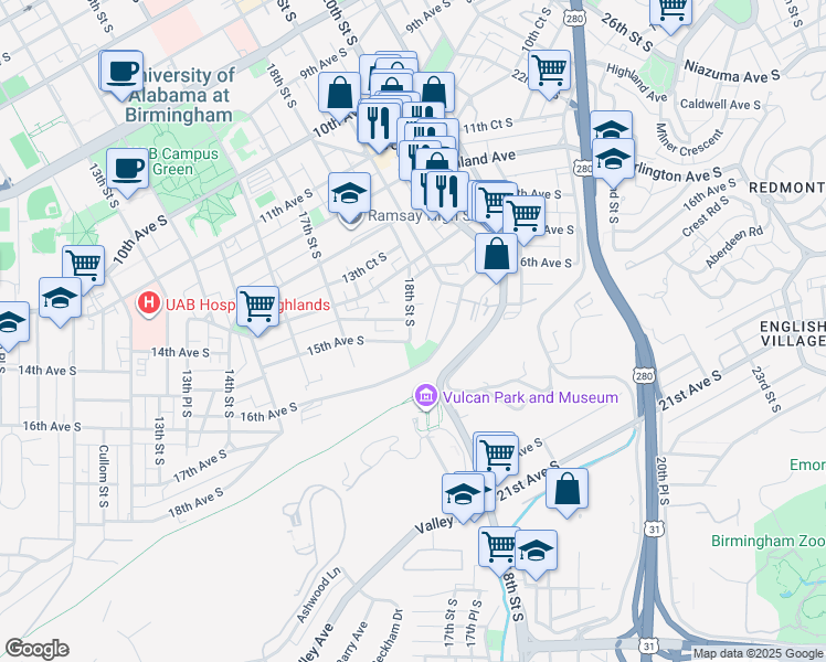 map of restaurants, bars, coffee shops, grocery stores, and more near 1431 18th Street South in Birmingham