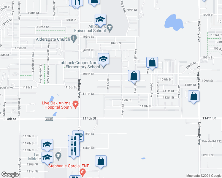 map of restaurants, bars, coffee shops, grocery stores, and more near 3113 109th Street in Lubbock