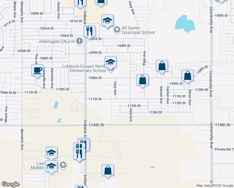 map of restaurants, bars, coffee shops, grocery stores, and more near 3113 109th Street in Lubbock