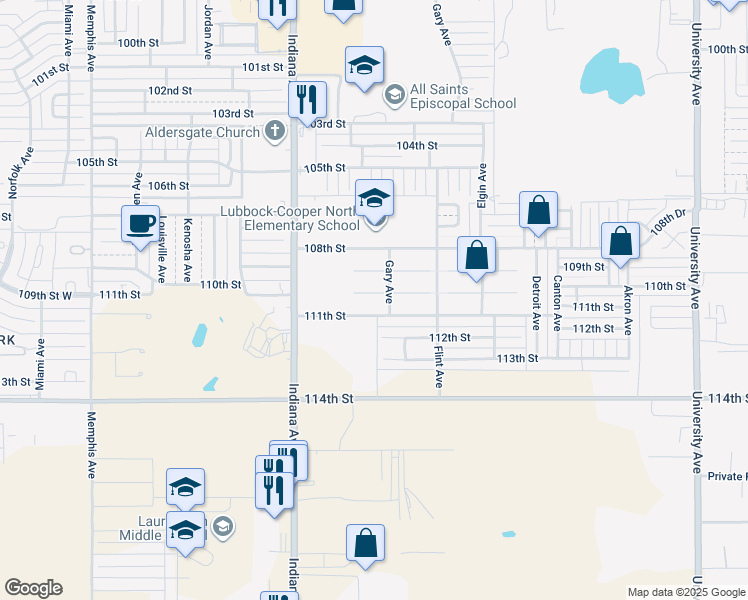 map of restaurants, bars, coffee shops, grocery stores, and more near 3207 109th Street in Lubbock