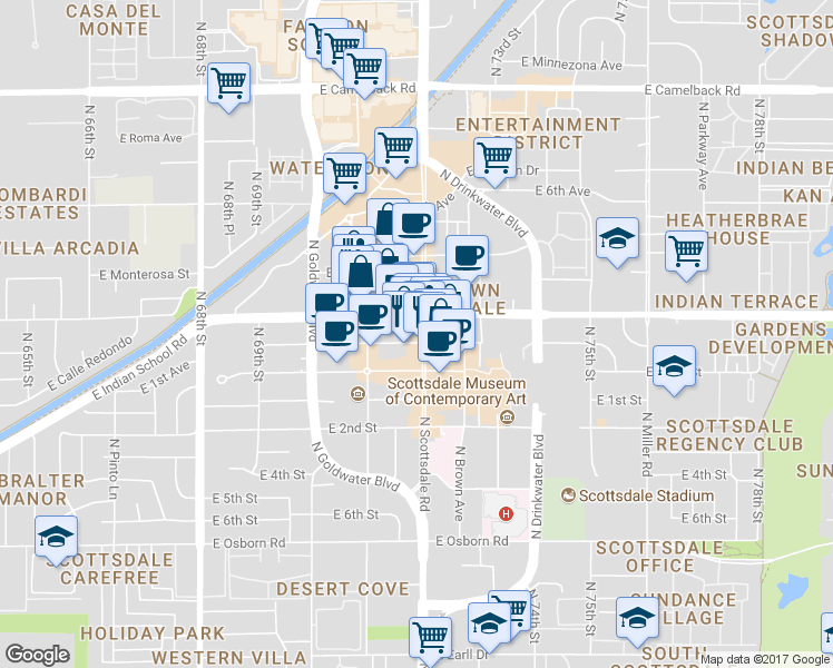 map of restaurants, bars, coffee shops, grocery stores, and more near in Scottsdale