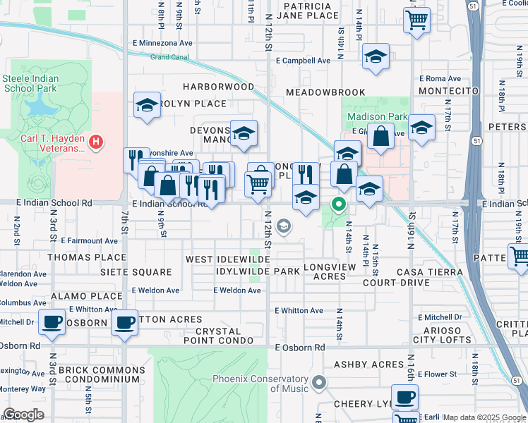map of restaurants, bars, coffee shops, grocery stores, and more near 1202 East Indian School Road in Phoenix