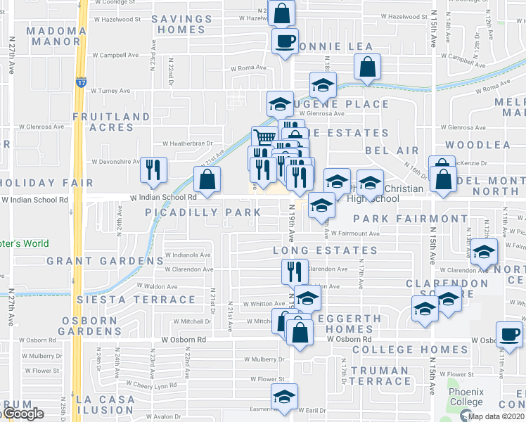 map of restaurants, bars, coffee shops, grocery stores, and more near 1941 West Indian School Road in Phoenix