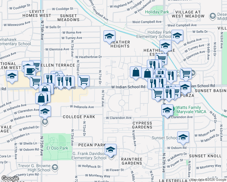 map of restaurants, bars, coffee shops, grocery stores, and more near 41 West Indian School Road in Phoenix