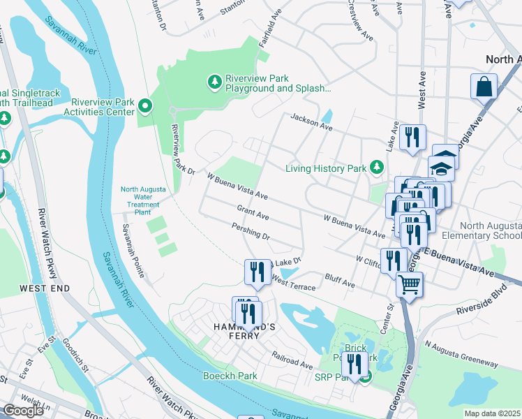 map of restaurants, bars, coffee shops, grocery stores, and more near 526 West Buena Vista Avenue in North Augusta