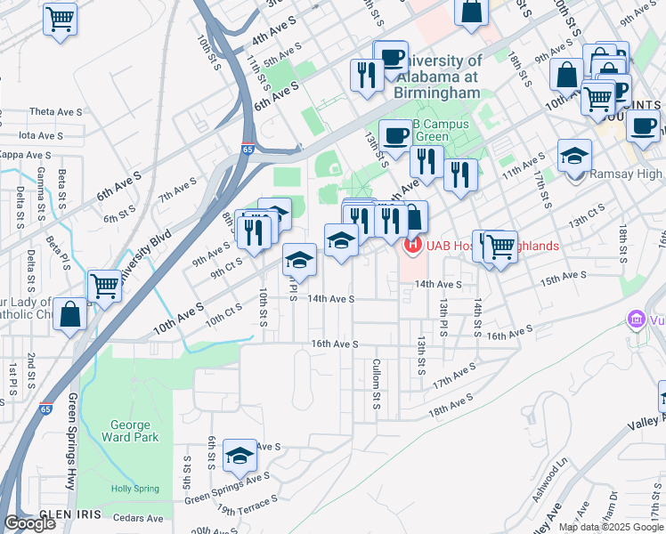 map of restaurants, bars, coffee shops, grocery stores, and more near 1126 11th Avenue South in Birmingham
