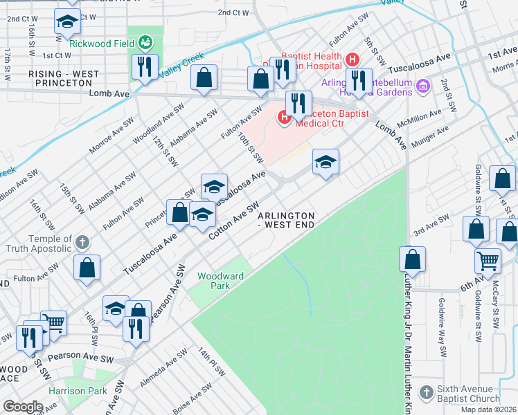 map of restaurants, bars, coffee shops, grocery stores, and more near 1008 Cotton Avenue Southwest in Birmingham