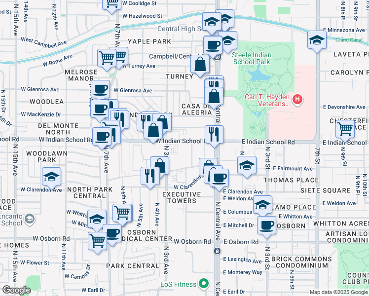 map of restaurants, bars, coffee shops, grocery stores, and more near 230 West Indian School Road in Phoenix