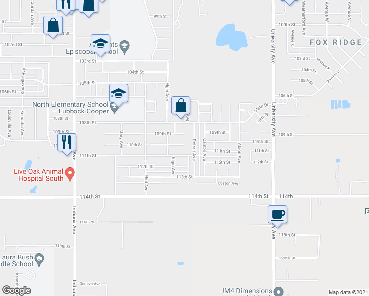 map of restaurants, bars, coffee shops, grocery stores, and more near 2903 110th Street in Lubbock