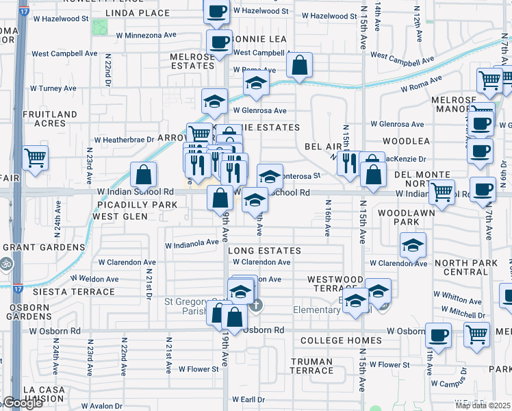 map of restaurants, bars, coffee shops, grocery stores, and more near 4002 North 18th Avenue in Phoenix