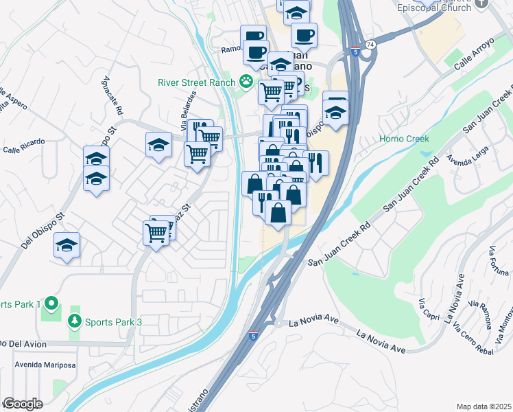 map of restaurants, bars, coffee shops, grocery stores, and more near 32202 Paseo Adelanto in San Juan Capistrano