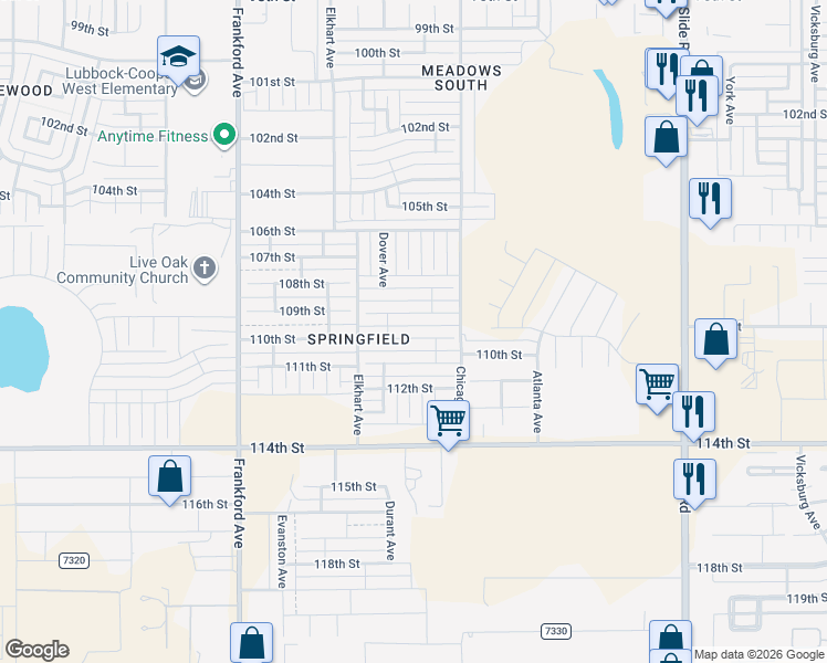 map of restaurants, bars, coffee shops, grocery stores, and more near 5524 110th Street in Lubbock