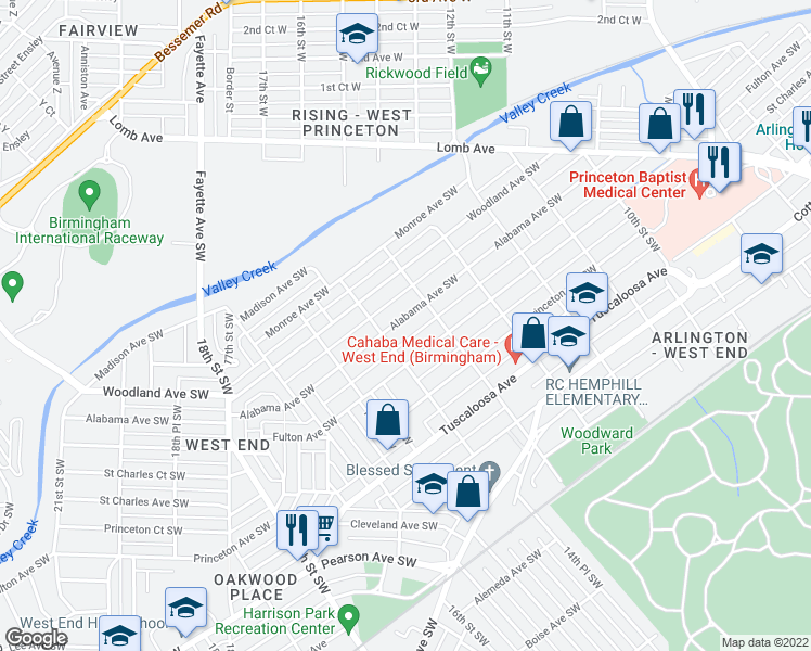 map of restaurants, bars, coffee shops, grocery stores, and more near 1425 Alabama Avenue Southwest in Birmingham