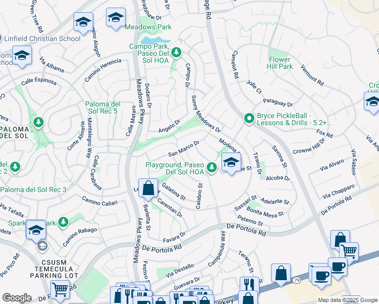 map of restaurants, bars, coffee shops, grocery stores, and more near 43400 Fassano Court in Temecula