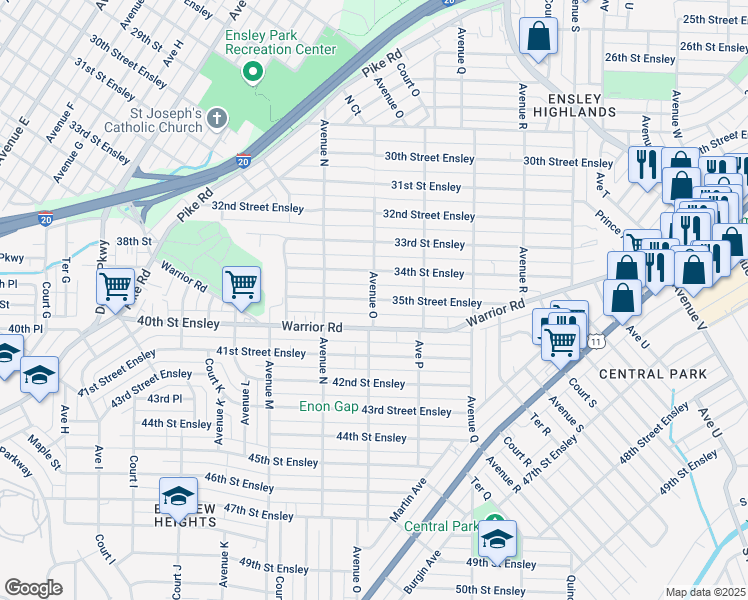 map of restaurants, bars, coffee shops, grocery stores, and more near 1501 35th Street Ensley in Birmingham