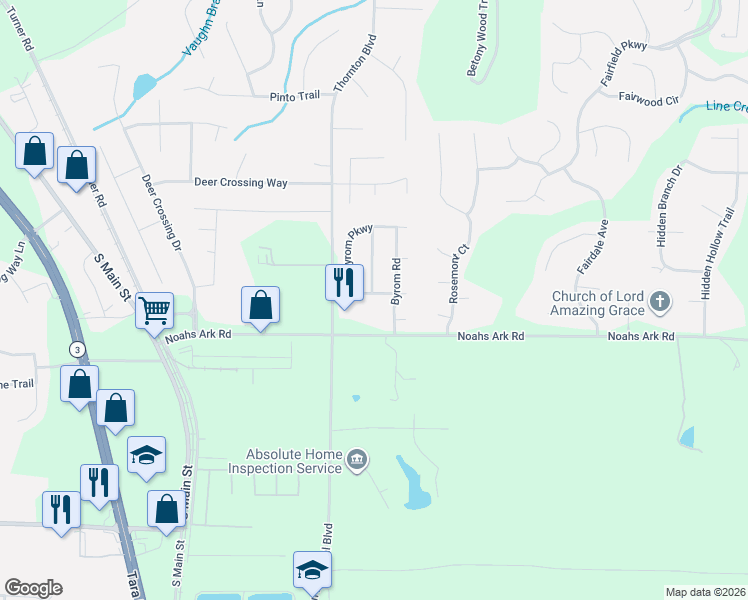 map of restaurants, bars, coffee shops, grocery stores, and more near 9523 Creekside Road in Jonesboro