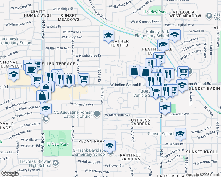 map of restaurants, bars, coffee shops, grocery stores, and more near 41 West Indian School Road in Phoenix